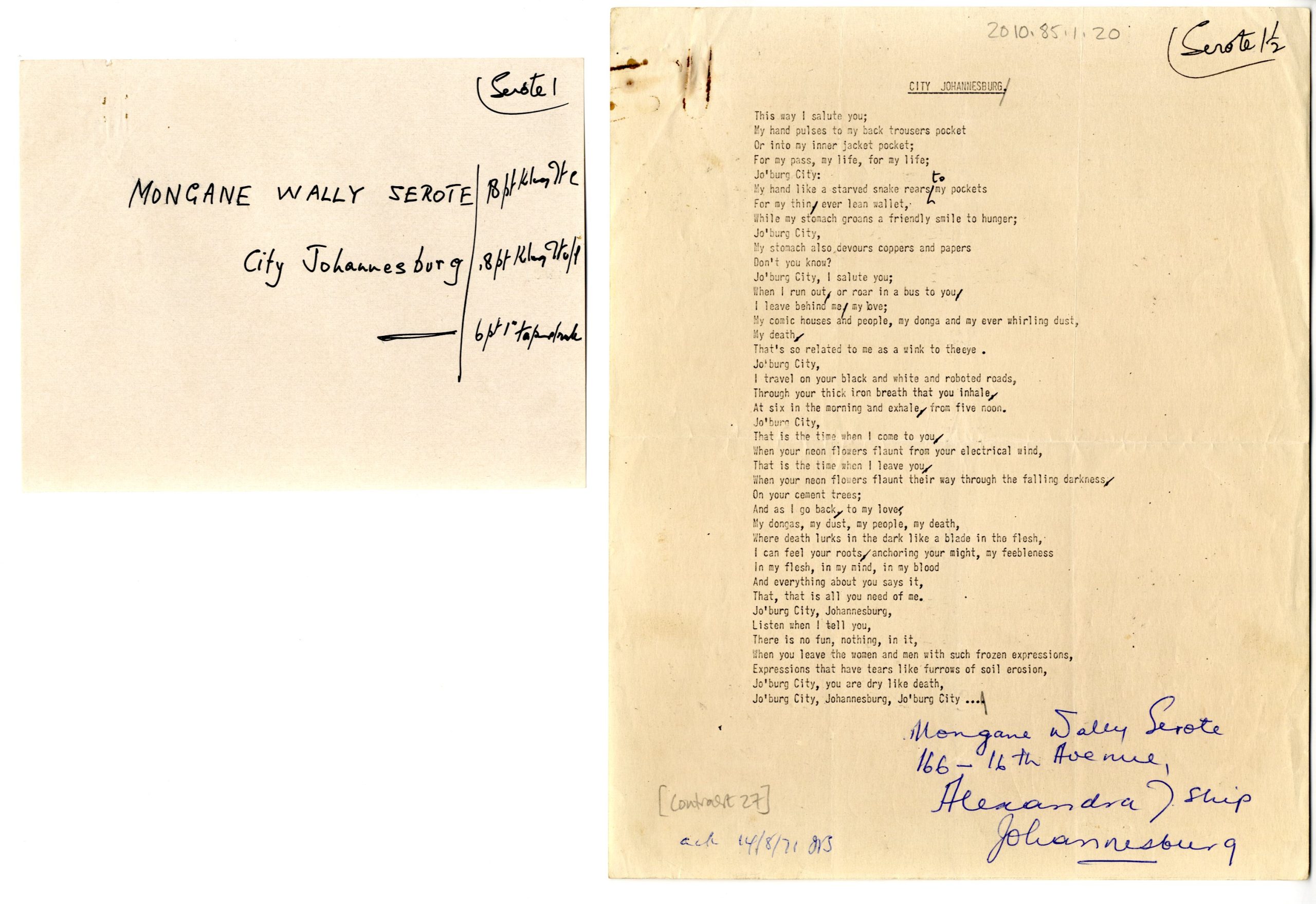 Handwritten draft of 'City Johannesburg' by Mongane Wally Serote.